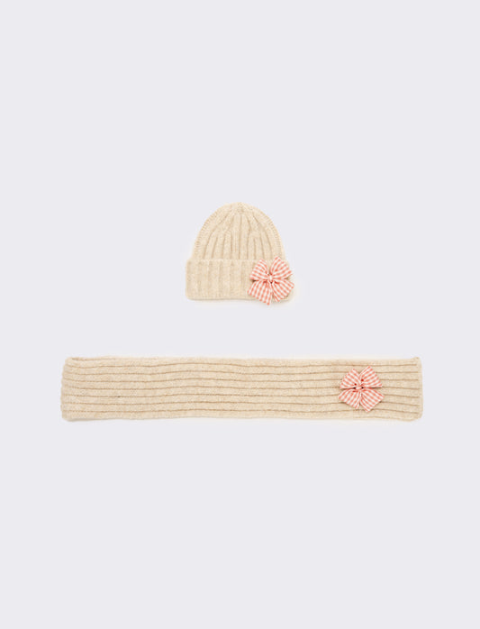 Set cappello e sciarpa con fiocco vichy - Bianco panna