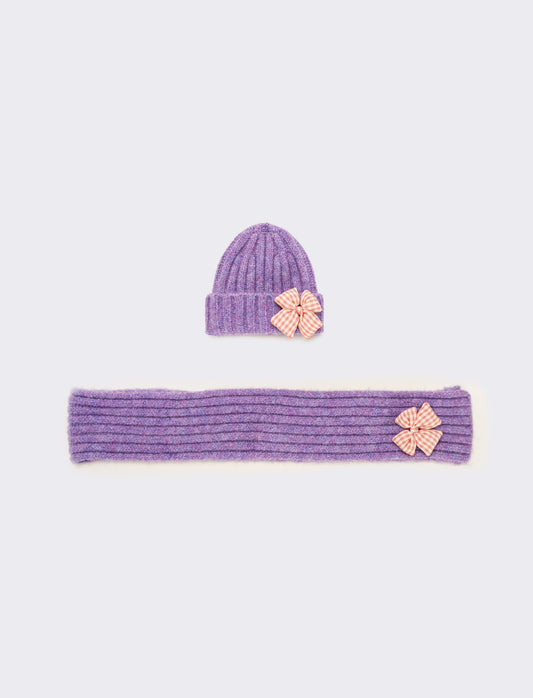 Set cappello e sciarpa con fiocco vichy - Lilla