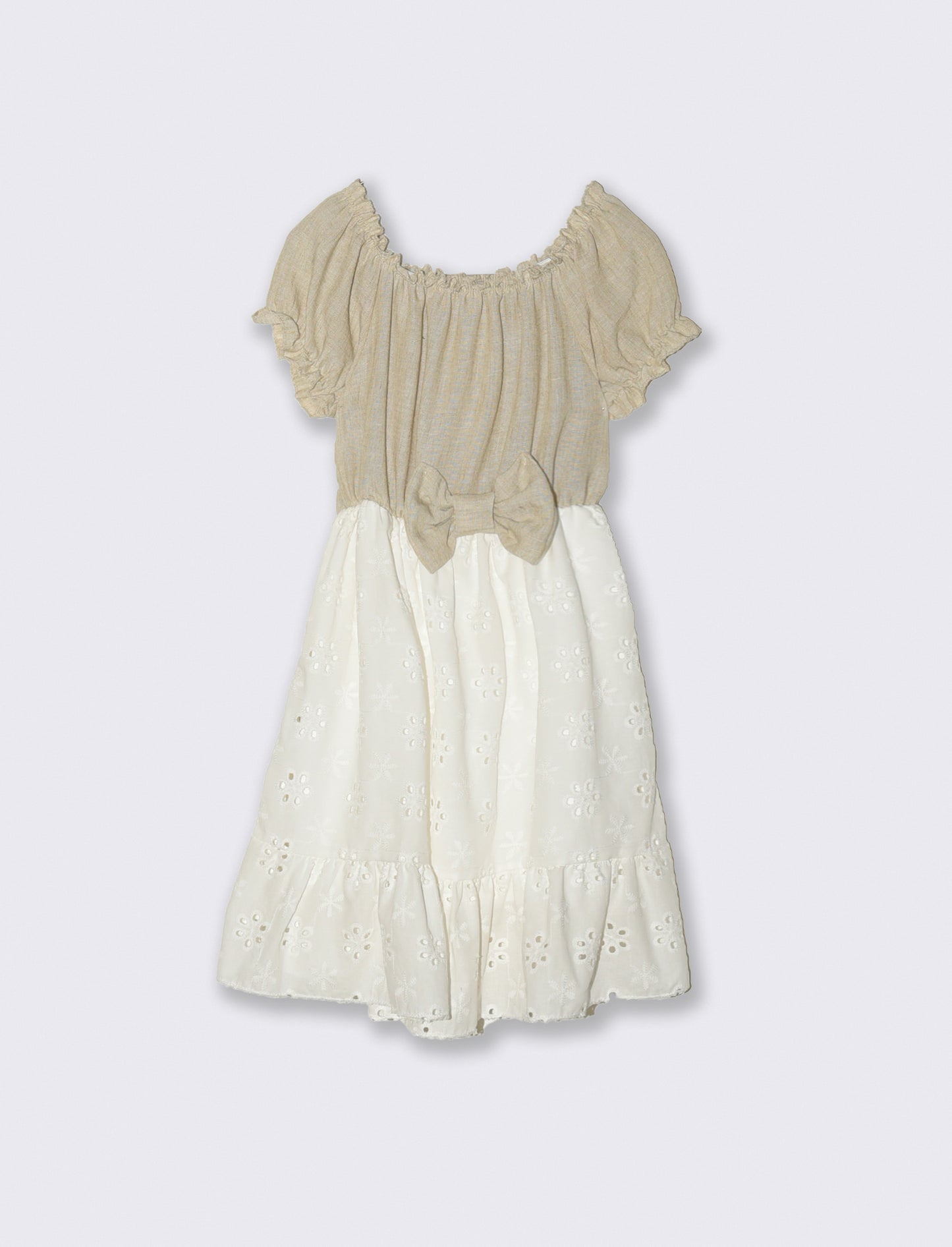 Abito da bambina in pizzo san gallo e tessuto a contrasto. - Beige