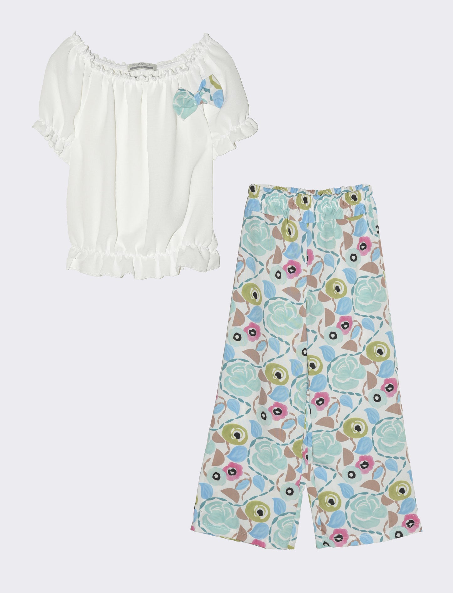 Completo da bambina con blusa e pantaloni fantasia. - Azzurro