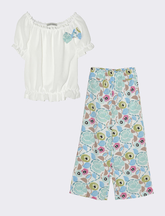 Completo da bambina con blusa e pantaloni fantasia. - Azzurro