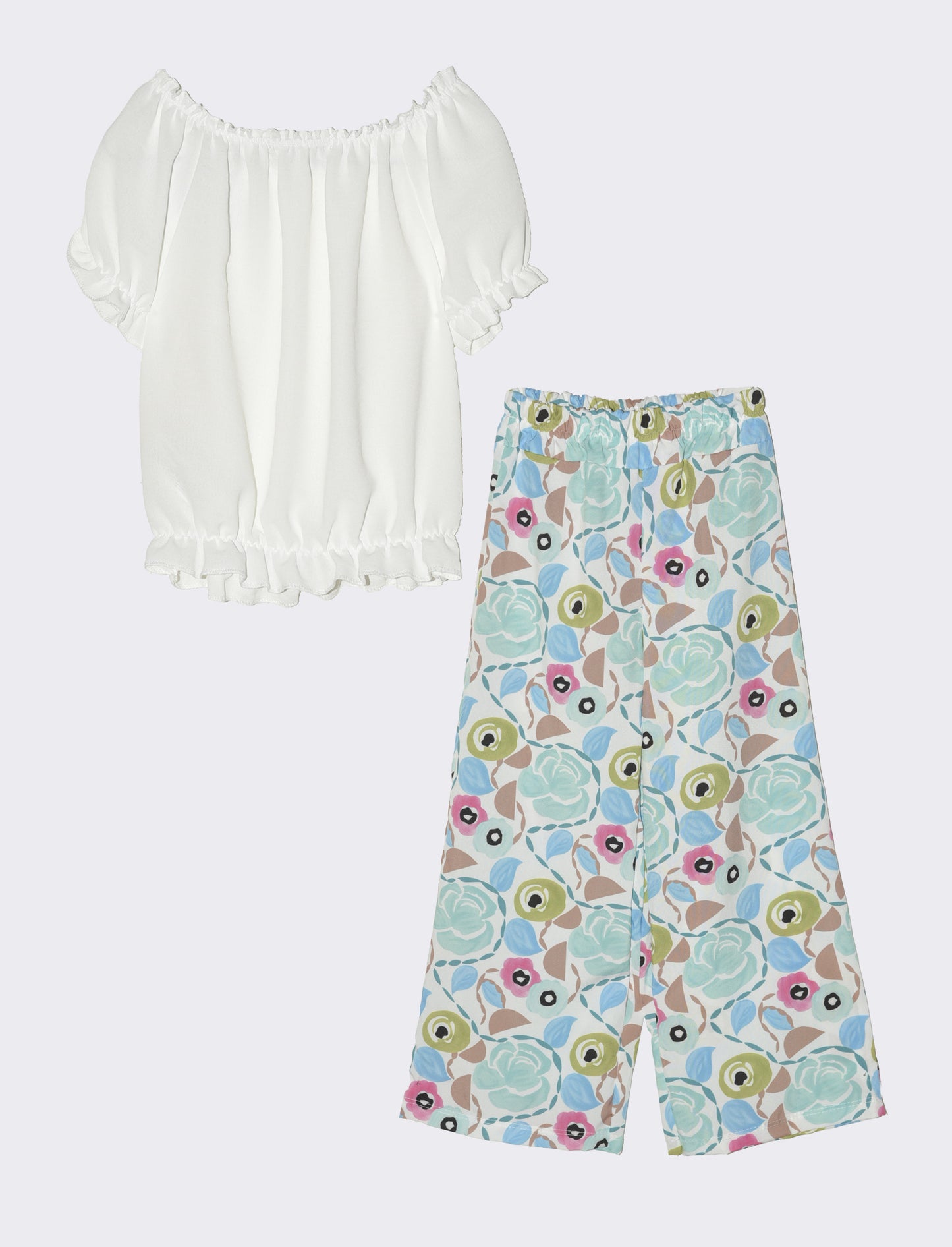 Completo da bambina con blusa e pantaloni fantasia. - Azzurro