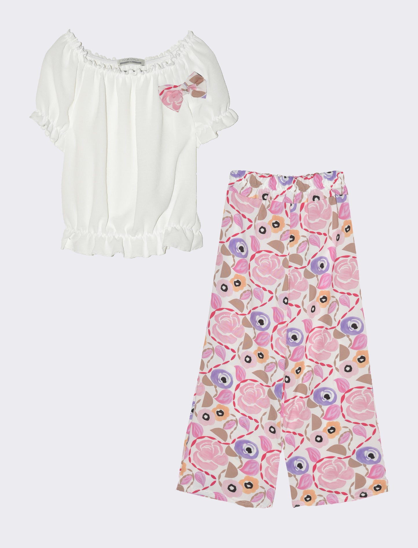 Completo da bambina con blusa e pantaloni fantasia. - Rosa