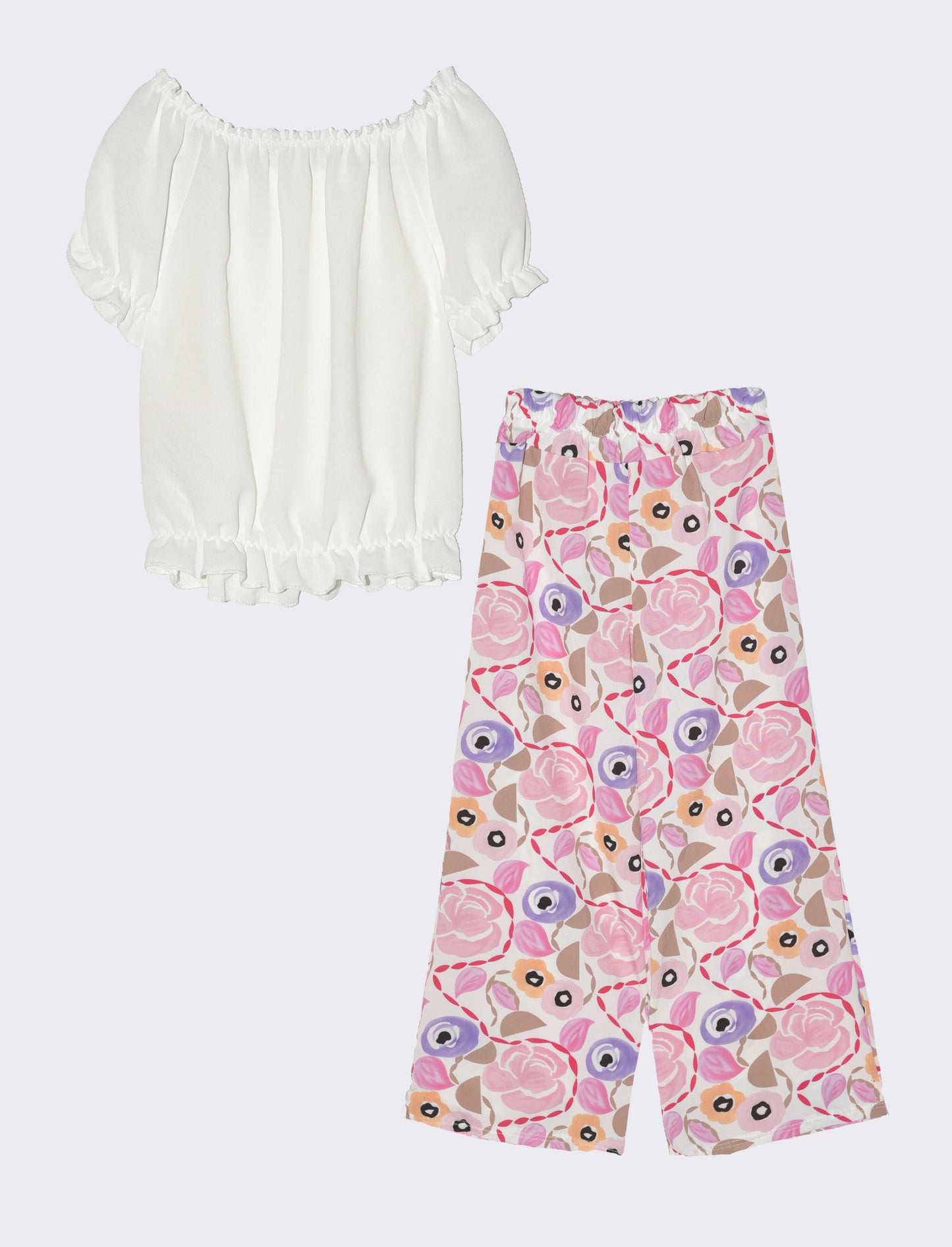 Completo da bambina con blusa e pantaloni fantasia. - Rosa