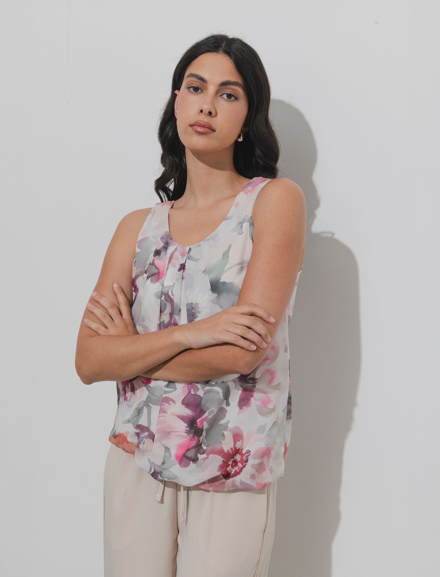 Top stampato in tessuto leggero - Beige