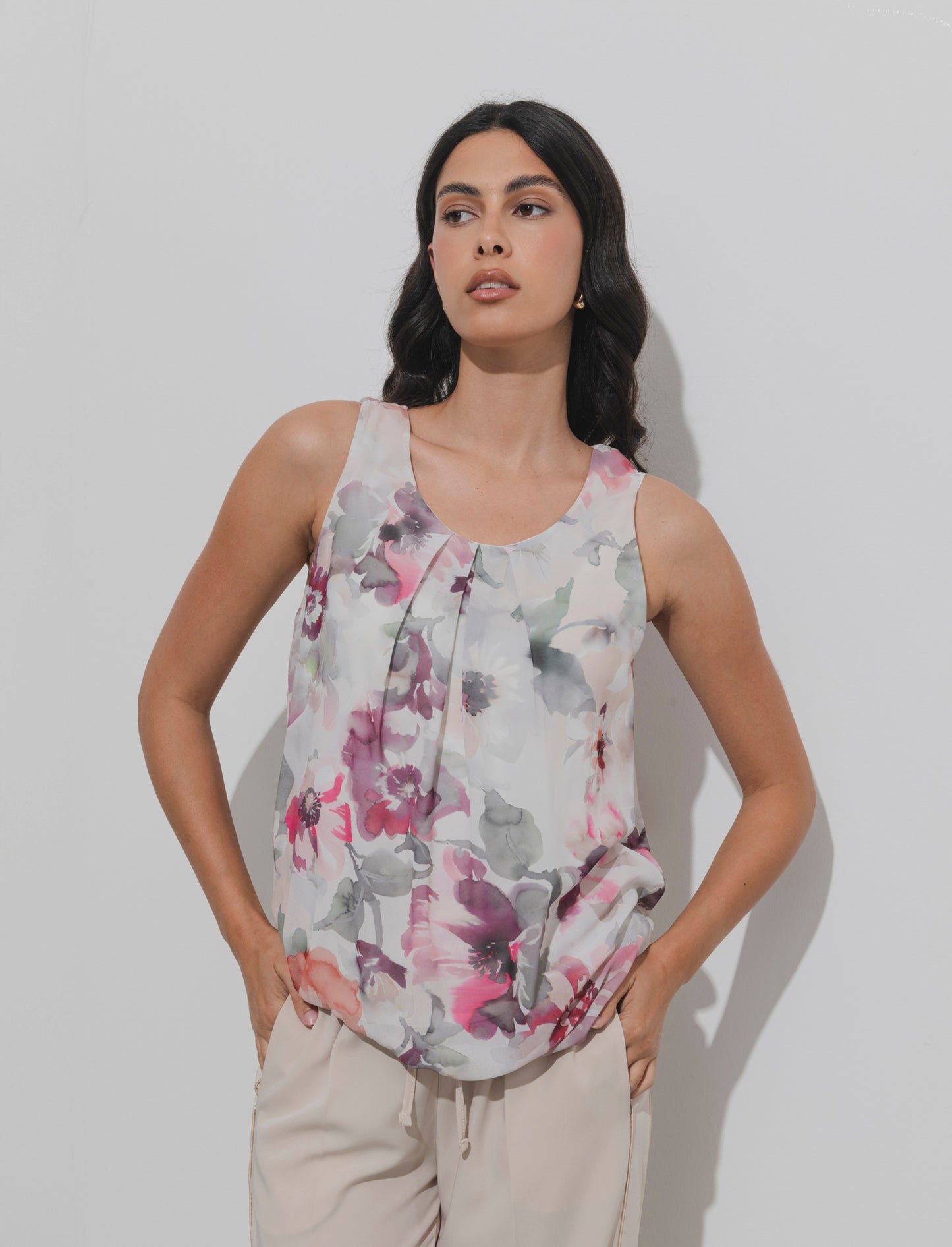 Top stampato in tessuto leggero - Beige
