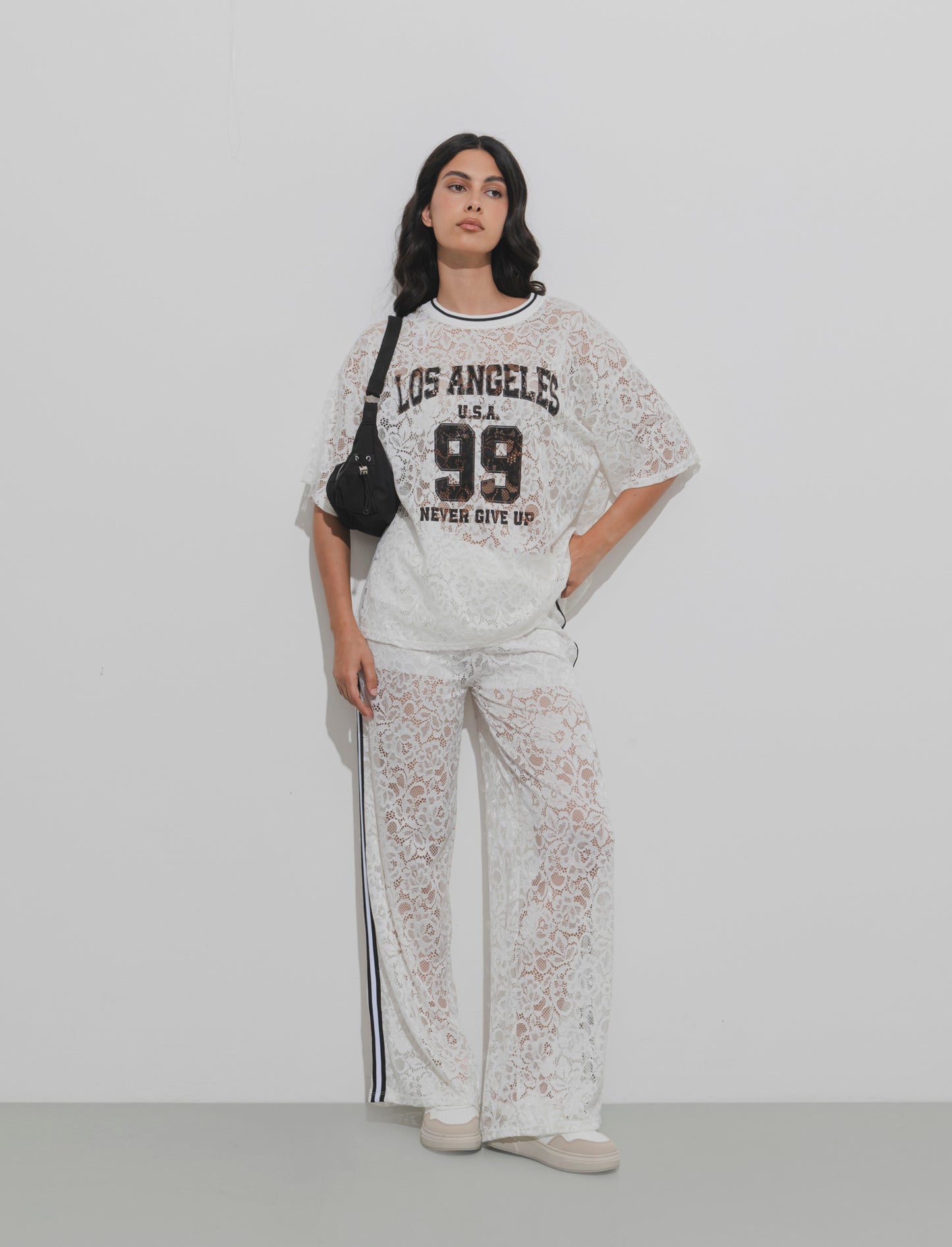 Pantalone in pizzo con bande laterali - Bianco