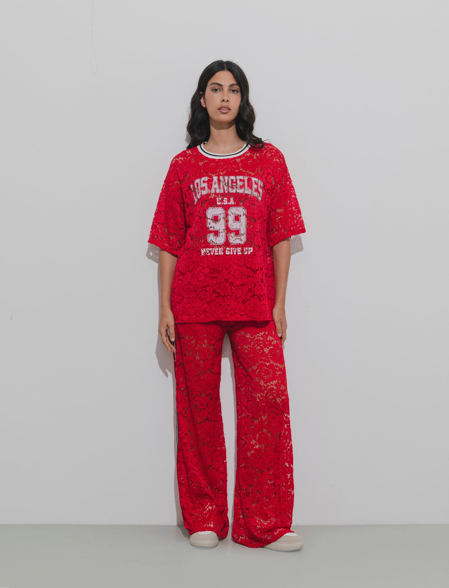 Pantalone in pizzo con bande laterali - Rosso