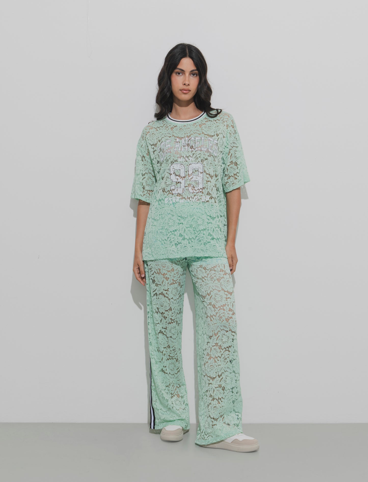 Pantalone in pizzo con bande laterali - ACQUA