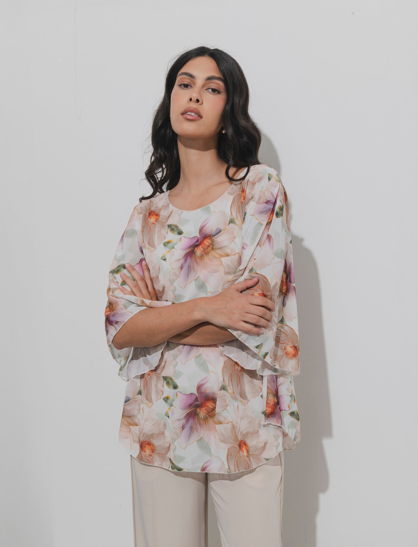 Casacca stampata over in tessuto leggero - Beige