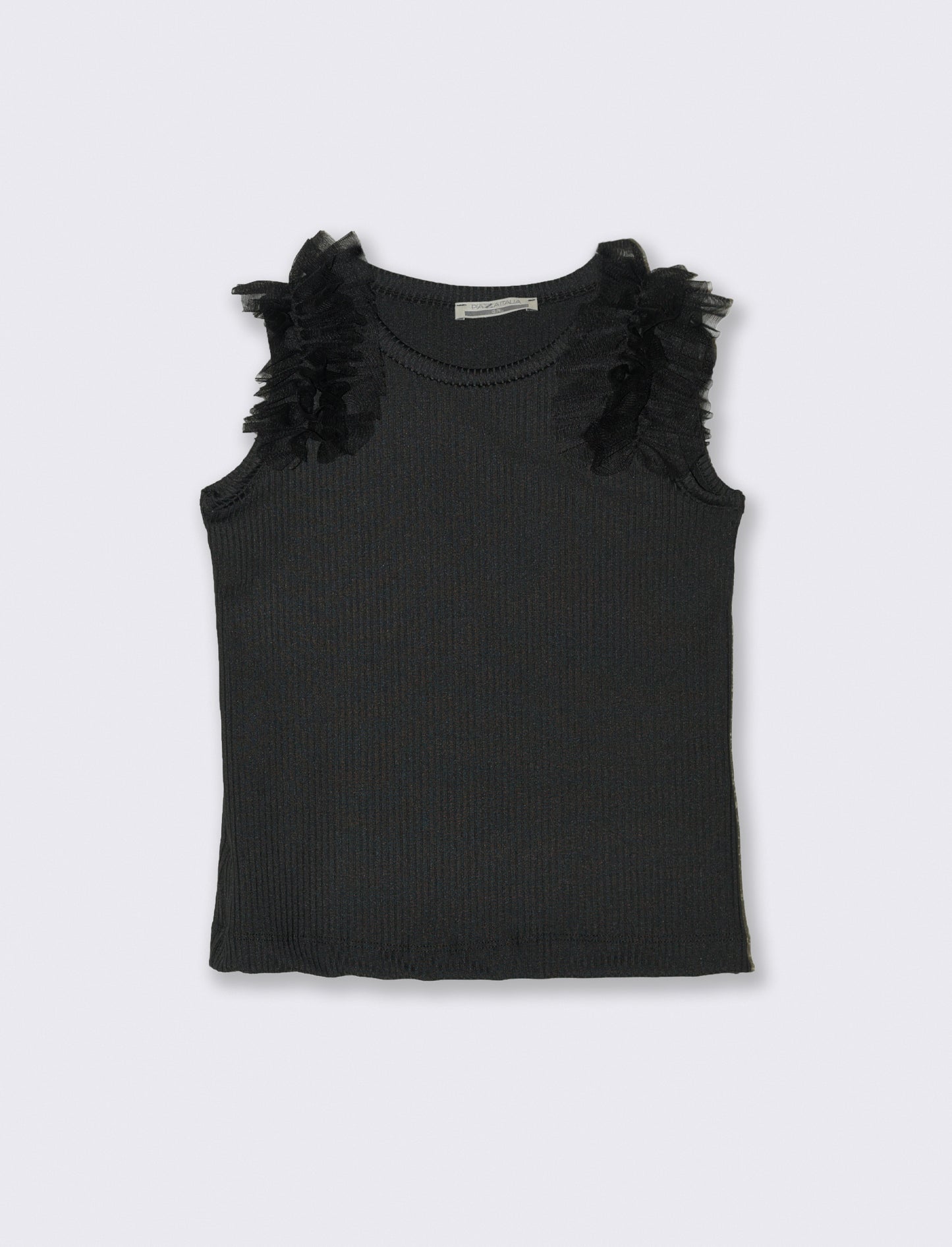 Canotta in costina elastica con rouches in tulle sulle spalle. - Nero