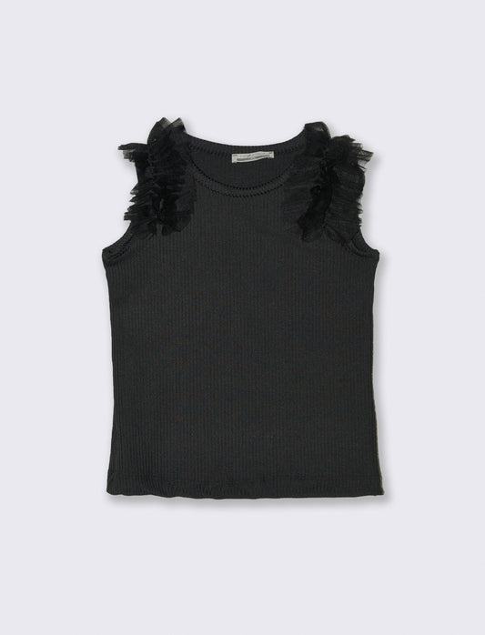 Canotta in costina elastica con rouches in tulle sulle spalle. - Nero