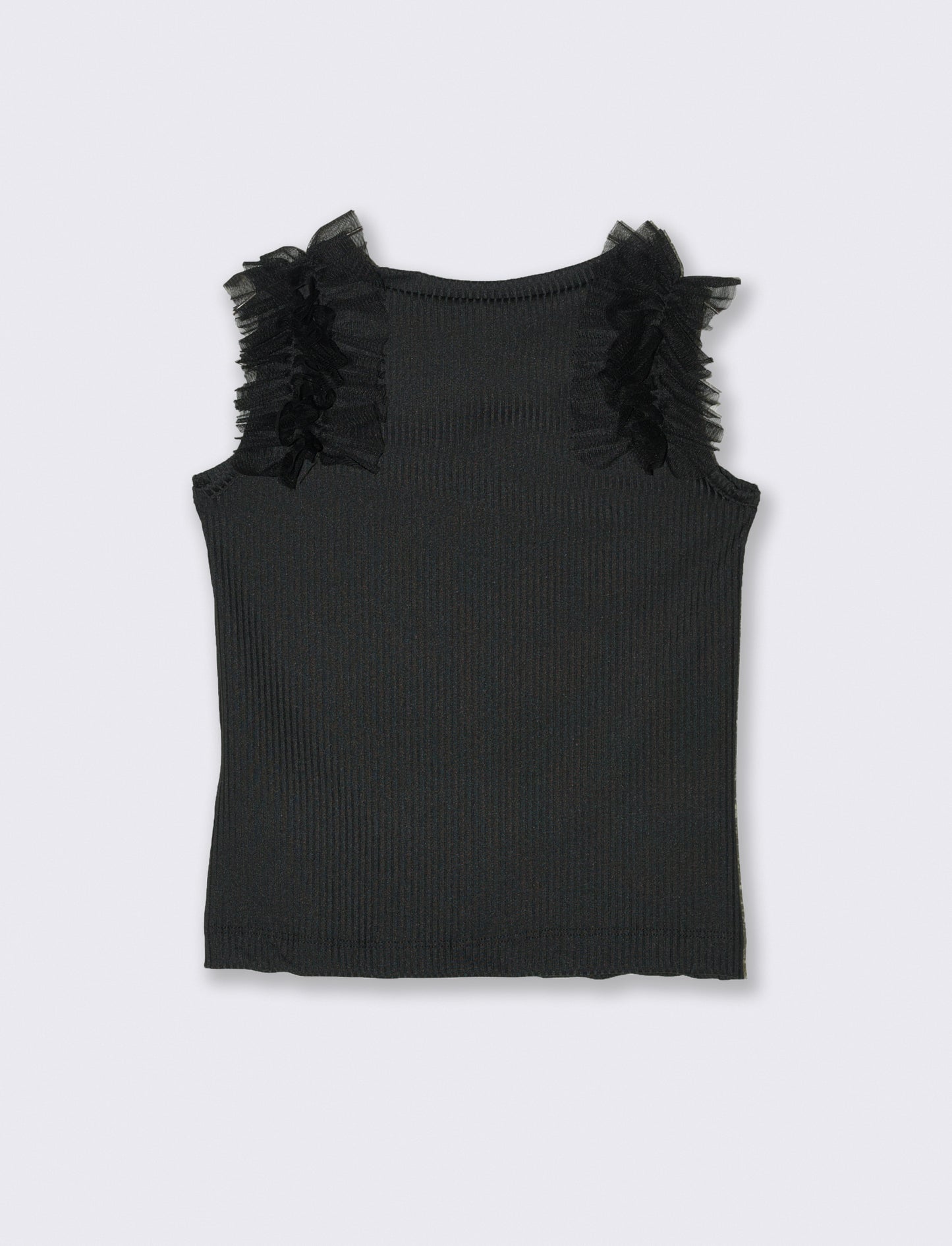 Canotta in costina elastica con rouches in tulle sulle spalle. - Nero