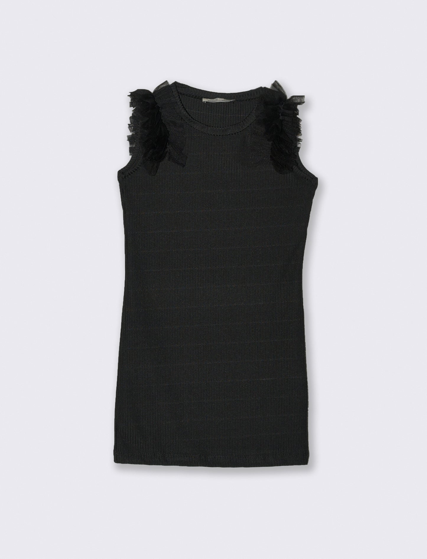 Abito in costina elastica con rouches in tulle sulle spalle. - Nero