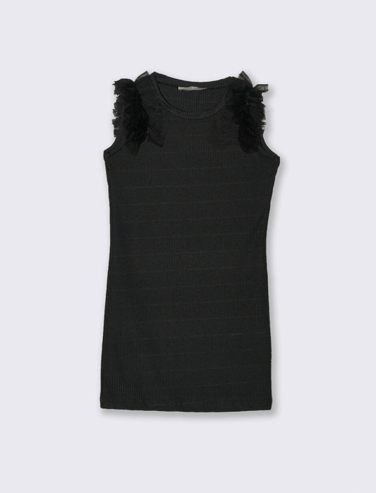Abito in costina elastica con rouches in tulle sulle spalle. - Nero