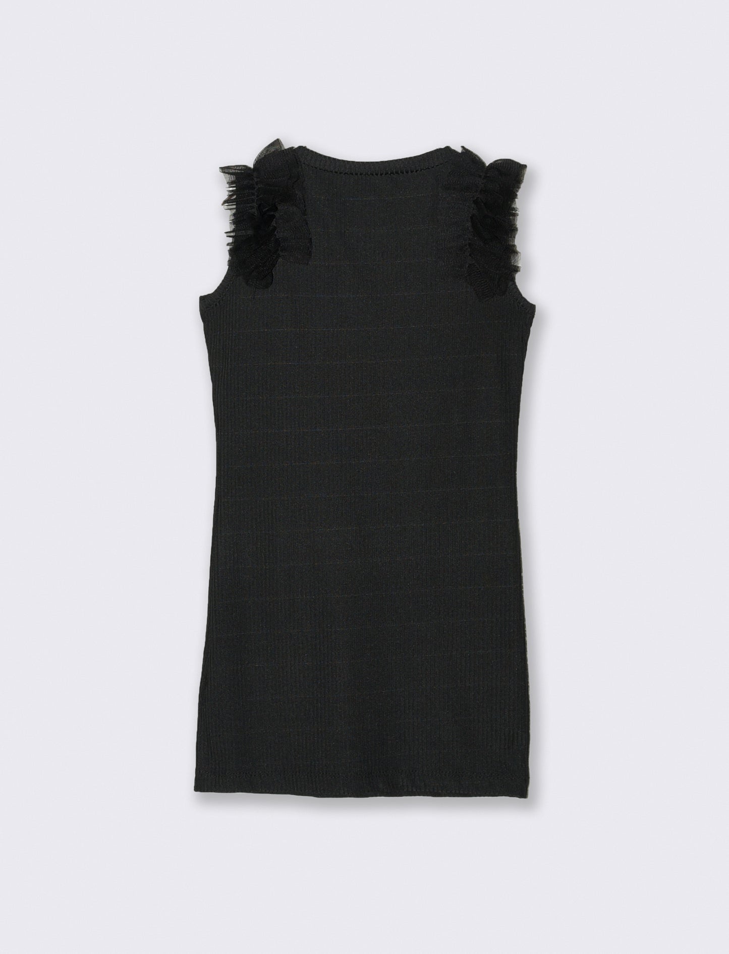 Abito in costina elastica con rouches in tulle sulle spalle. - Nero