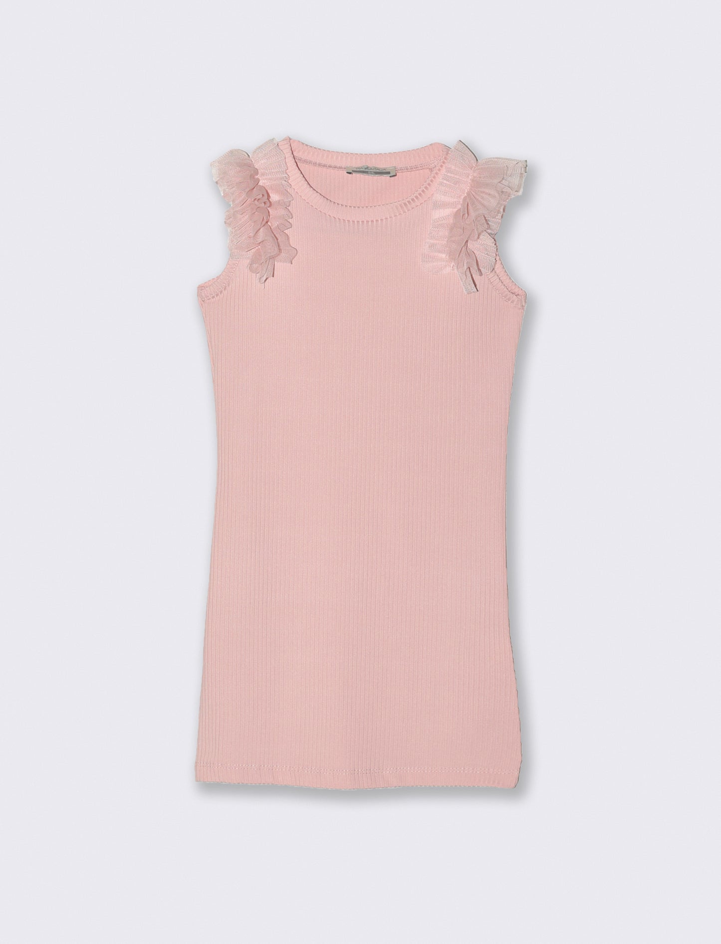 Abito in costina elastica con rouches in tulle sulle spalle. - Rosa