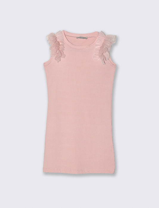 Abito in costina elastica con rouches in tulle sulle spalle. - Rosa