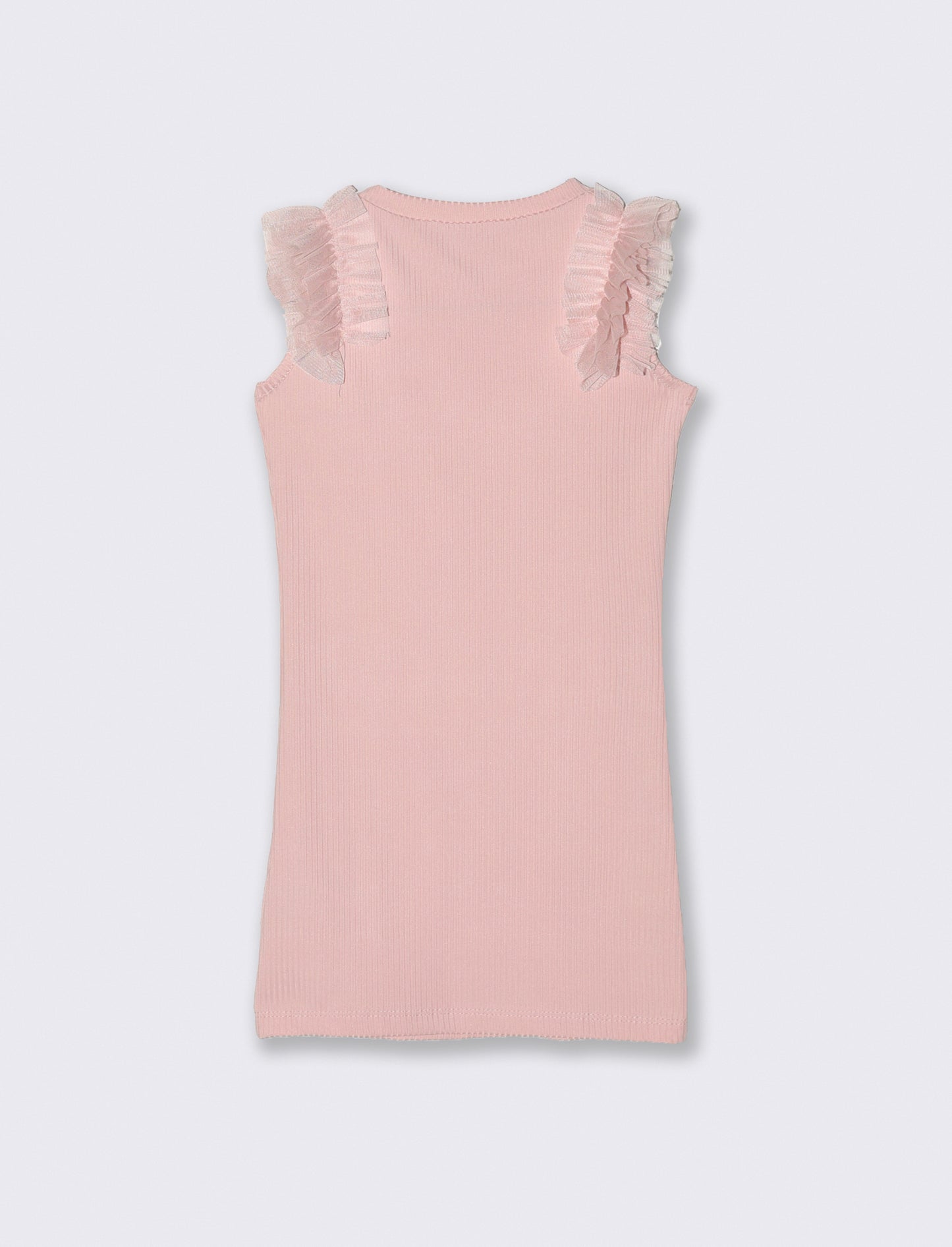 Abito in costina elastica con rouches in tulle sulle spalle. - Rosa