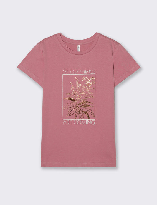 T-Shirt Manica Corta con Stampa - Rosa polvere
