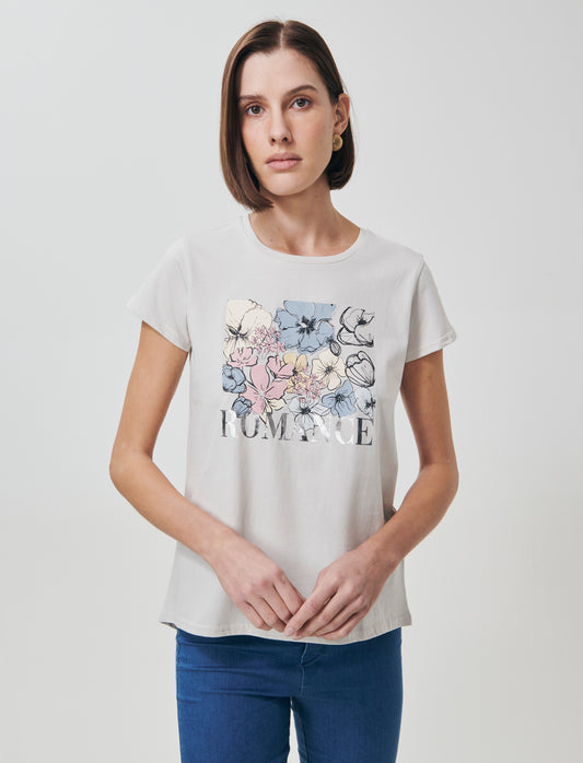 T-Shirt Manica Corta con Stampa - Sabbia
