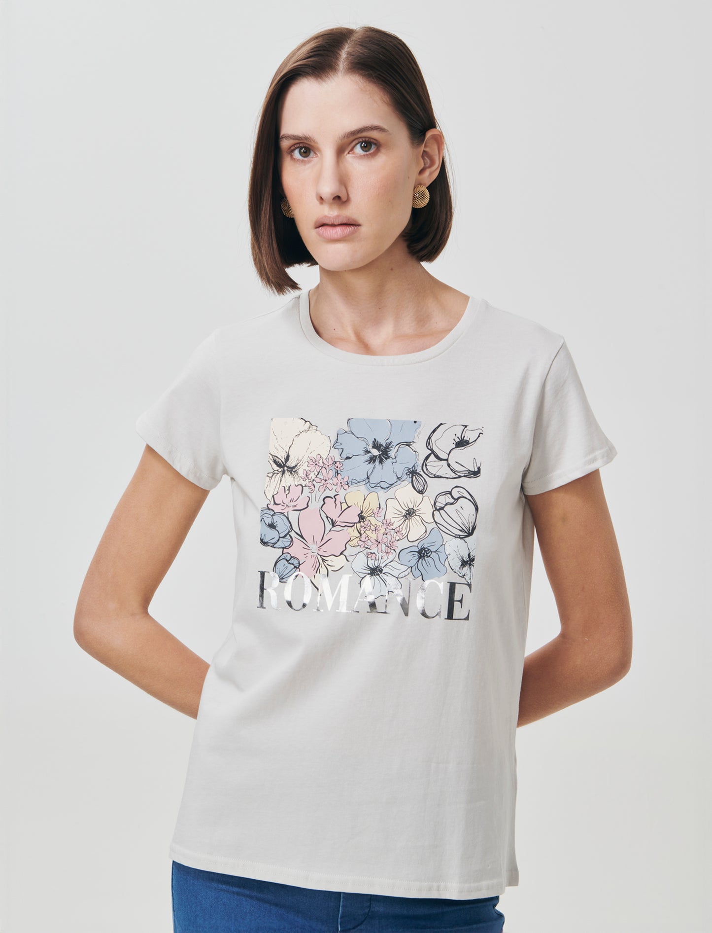 T-Shirt Manica Corta con Stampa - Sabbia