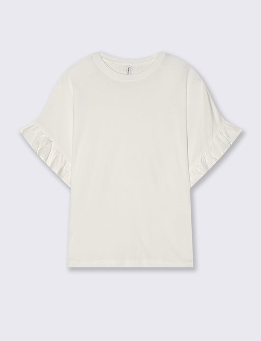 T-Shirt Girocollo Mezza Manica con Ruches - Avorio