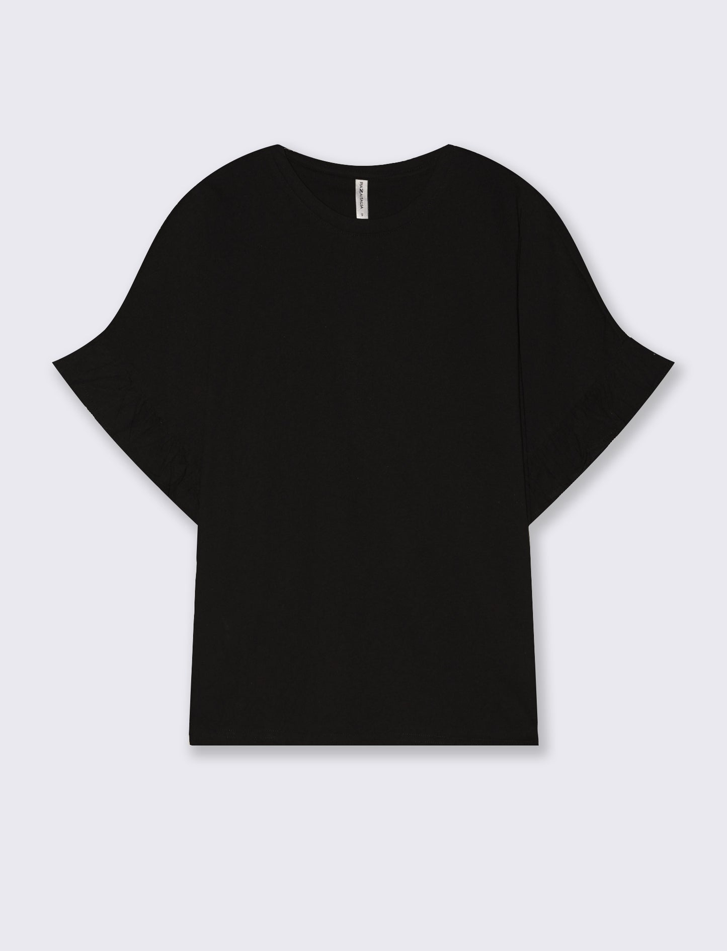 T-Shirt Girocollo Mezza Manica con Ruches - Nero