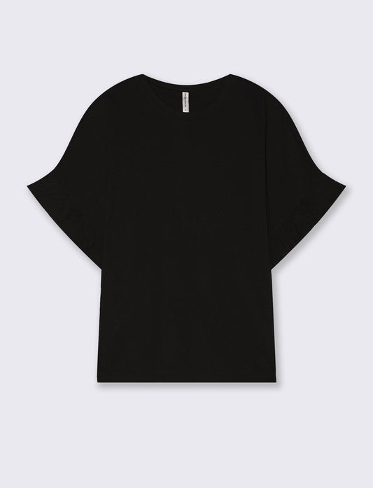 T-Shirt Girocollo Mezza Manica con Ruches - Nero