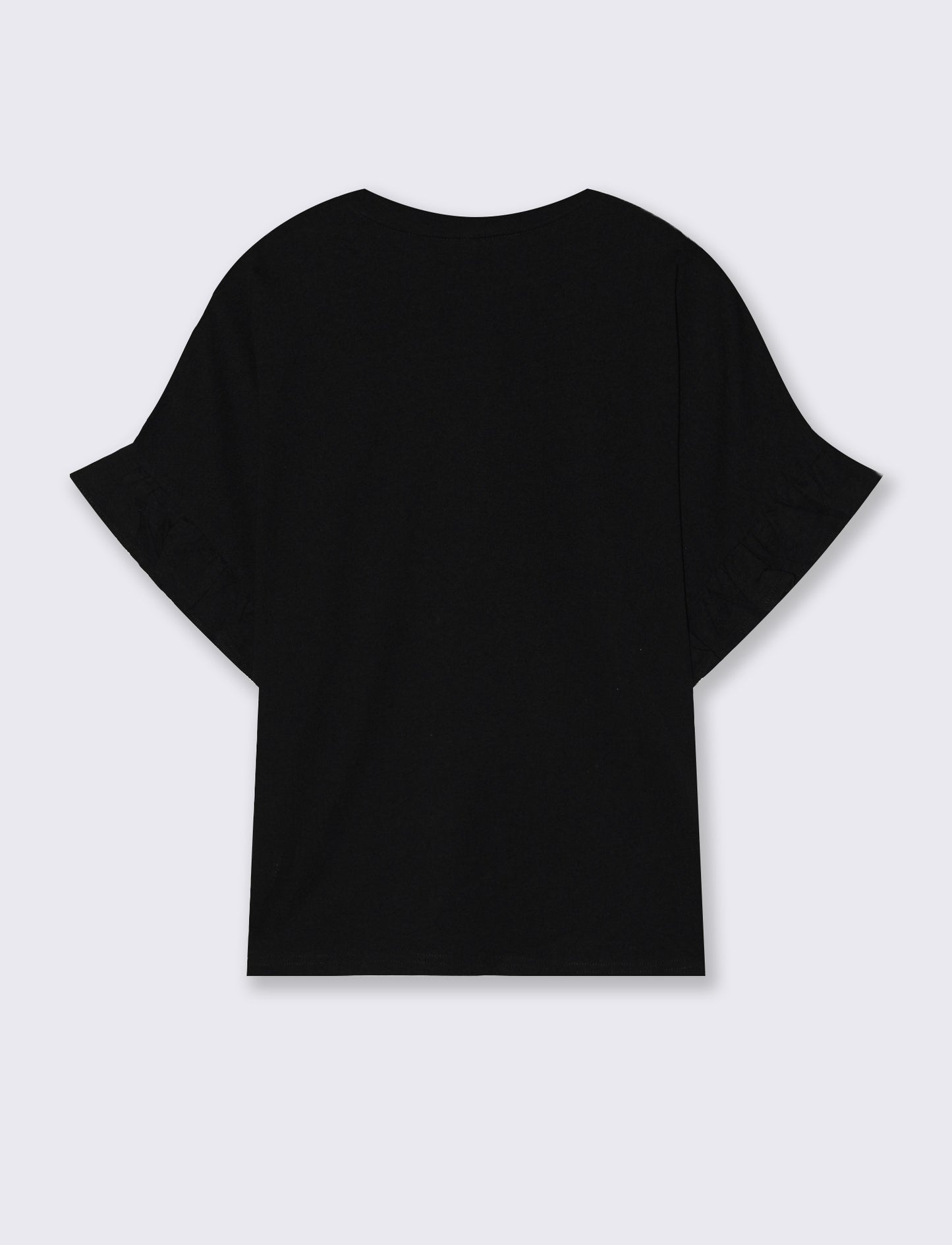 T-Shirt Girocollo Mezza Manica con Ruches - Nero