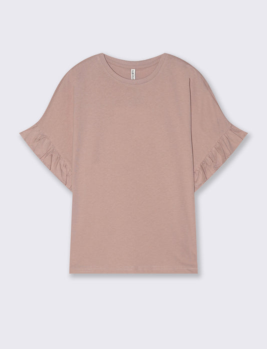 T-Shirt Girocollo Mezza Manica con Ruches - Rosa antico