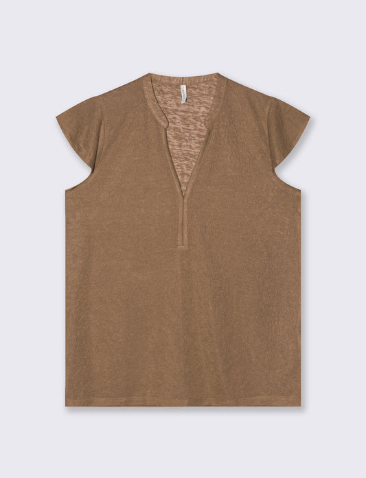T-Shirt Scollo a V Manica Corto - Cammello