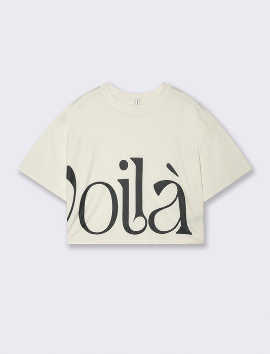 T-shirt Crop con Stampa e Manica Corta - Avorio