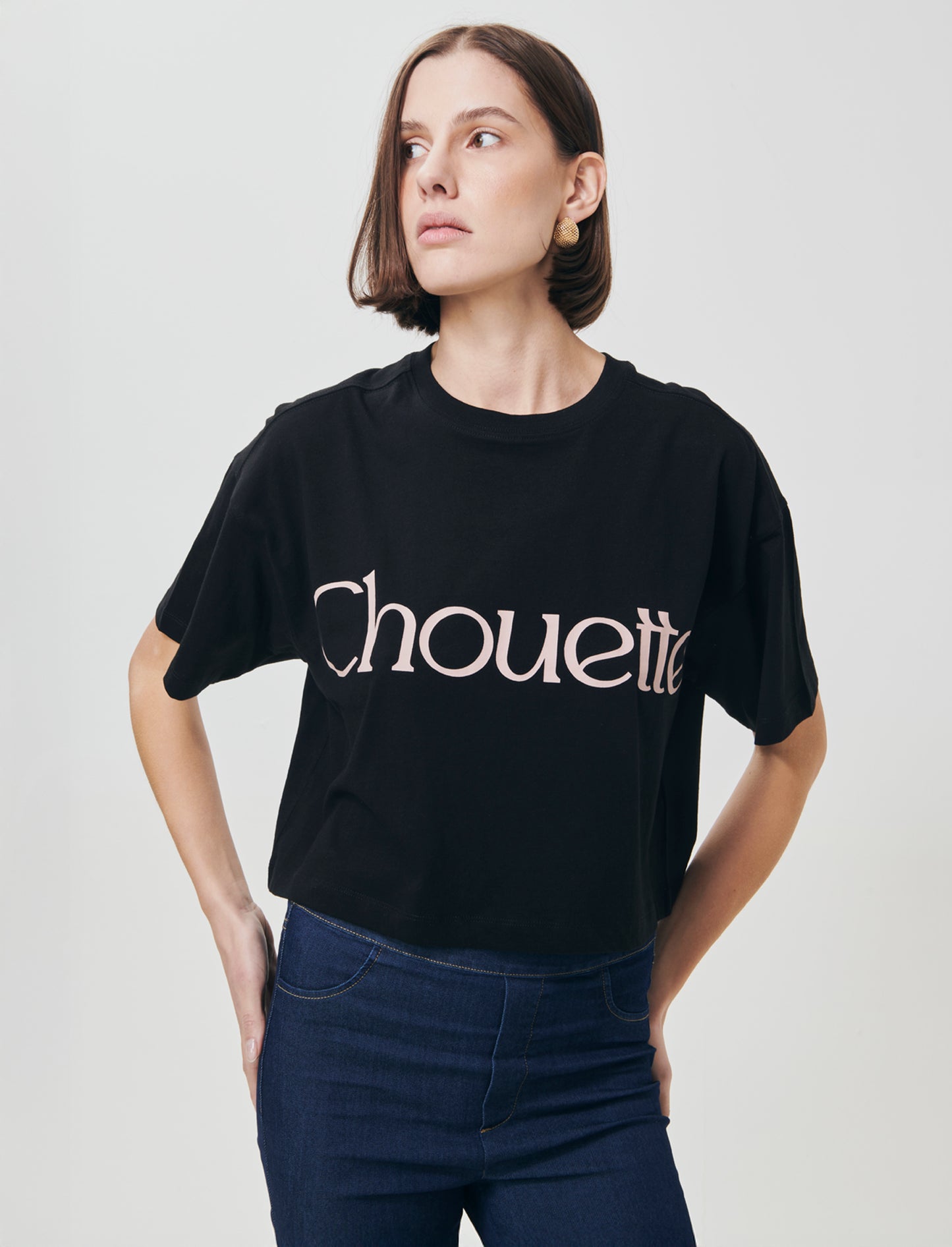 T-shirt Crop con Stampa e Manica Corta - Nero