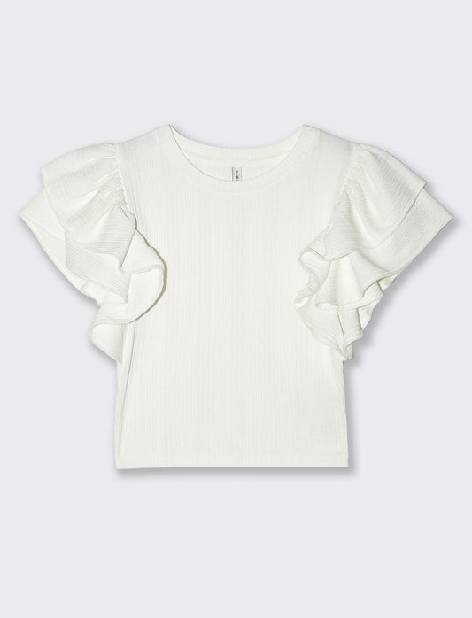 Top corto girocollo con rouches - Avorio