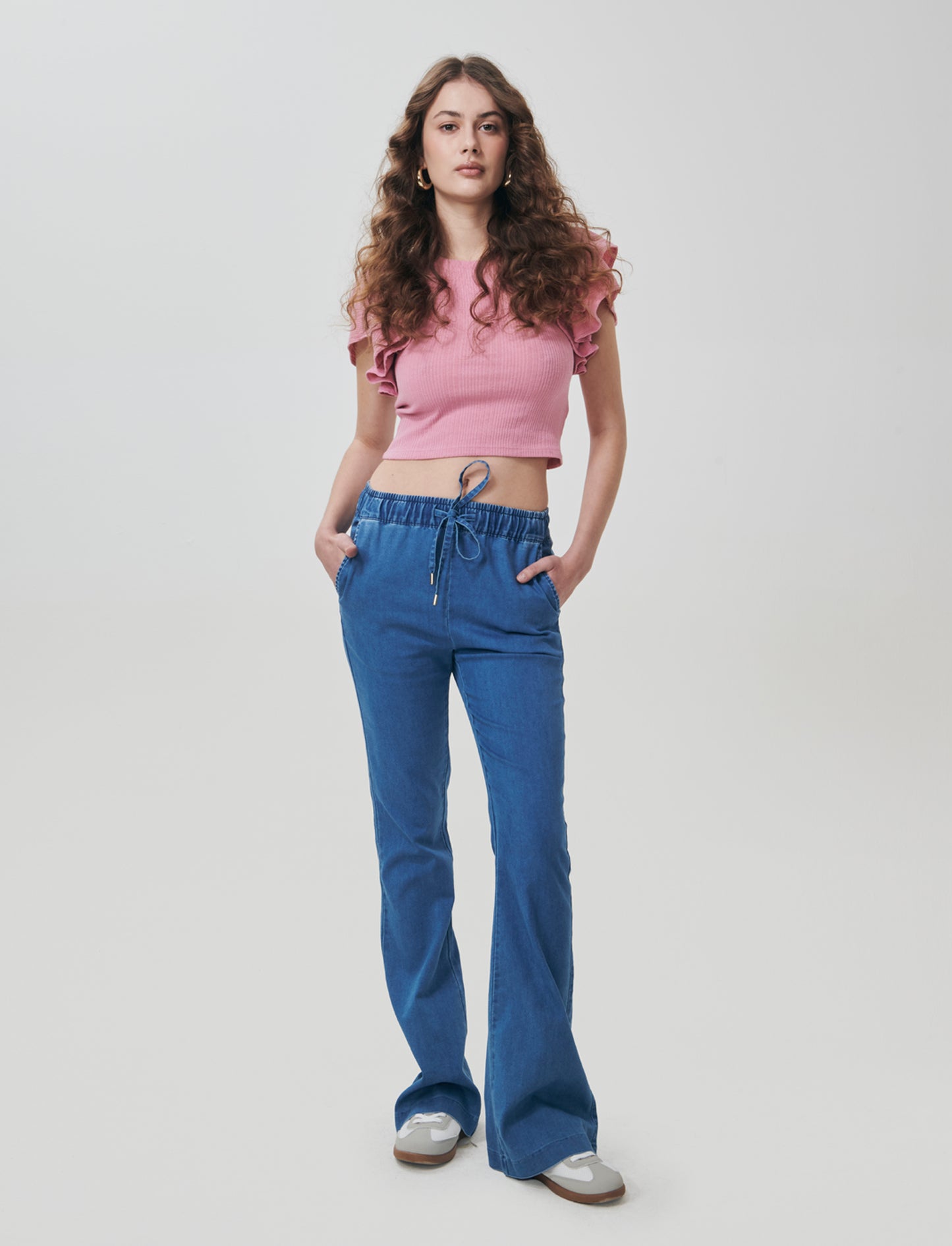 Top corto girocollo con rouches - Rosa polvere