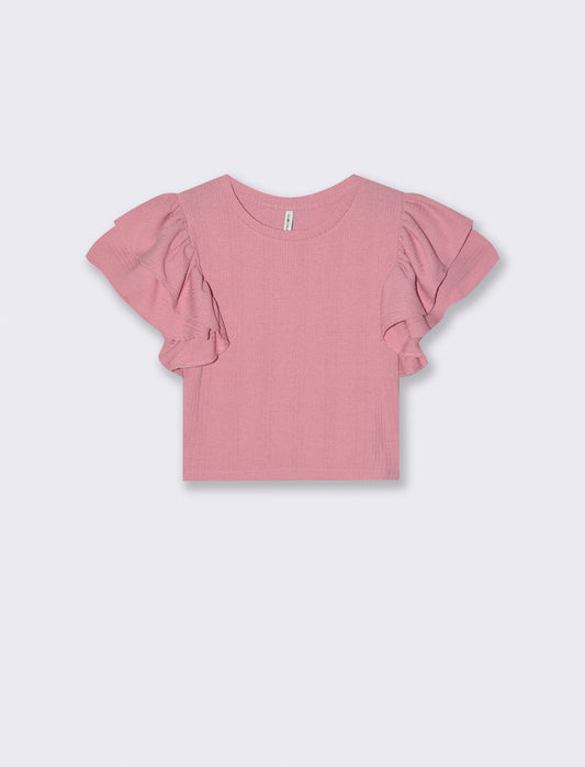 Top corto girocollo con rouches - Rosa polvere