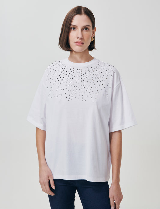 T-Shirt Manica Corta con Strass - Bianco