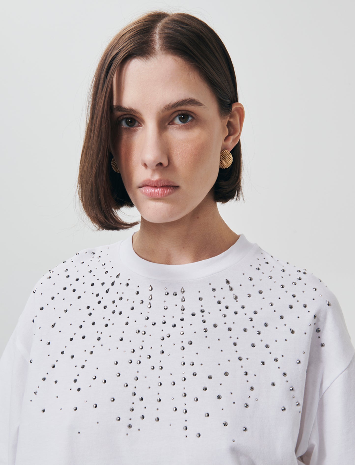T-Shirt Manica Corta con Strass - Bianco