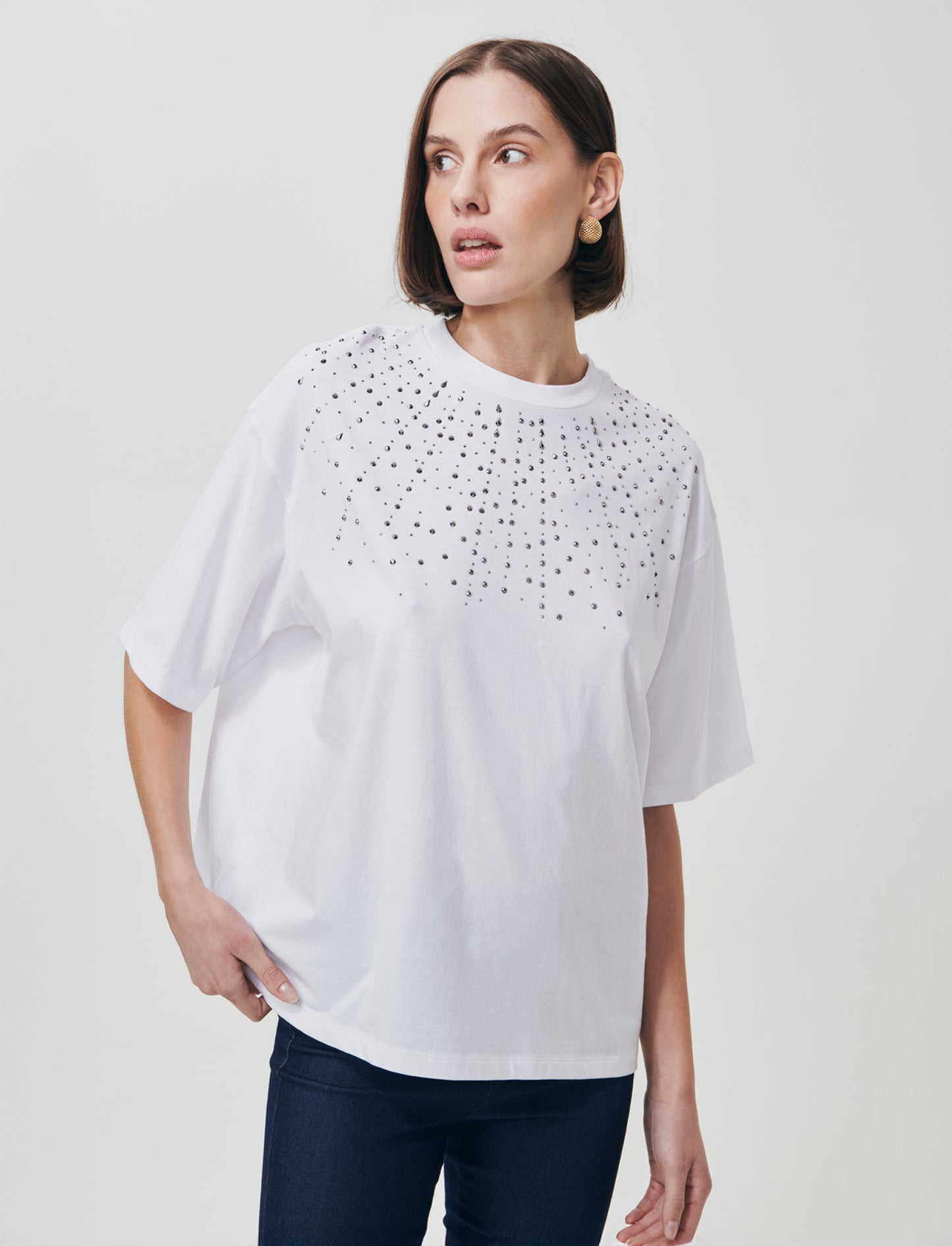 T-Shirt Manica Corta con Strass - Bianco