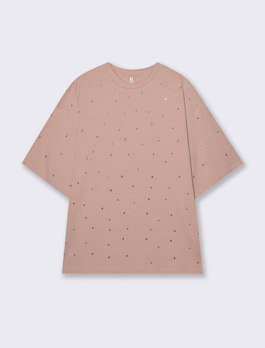 T-Shirt Manica Corta con Strass - Rosa antico