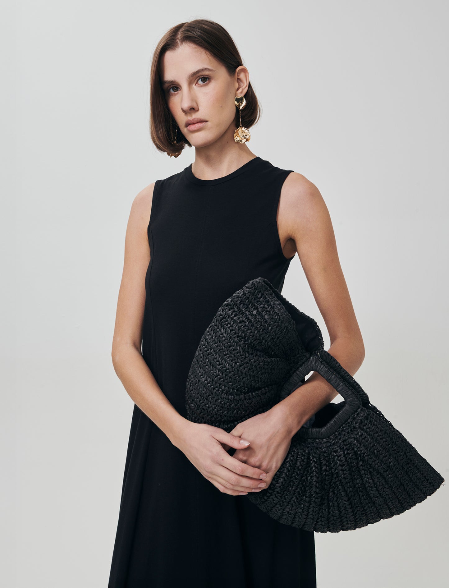 Vestito lungo in cotone svasato senza maniche - Nero