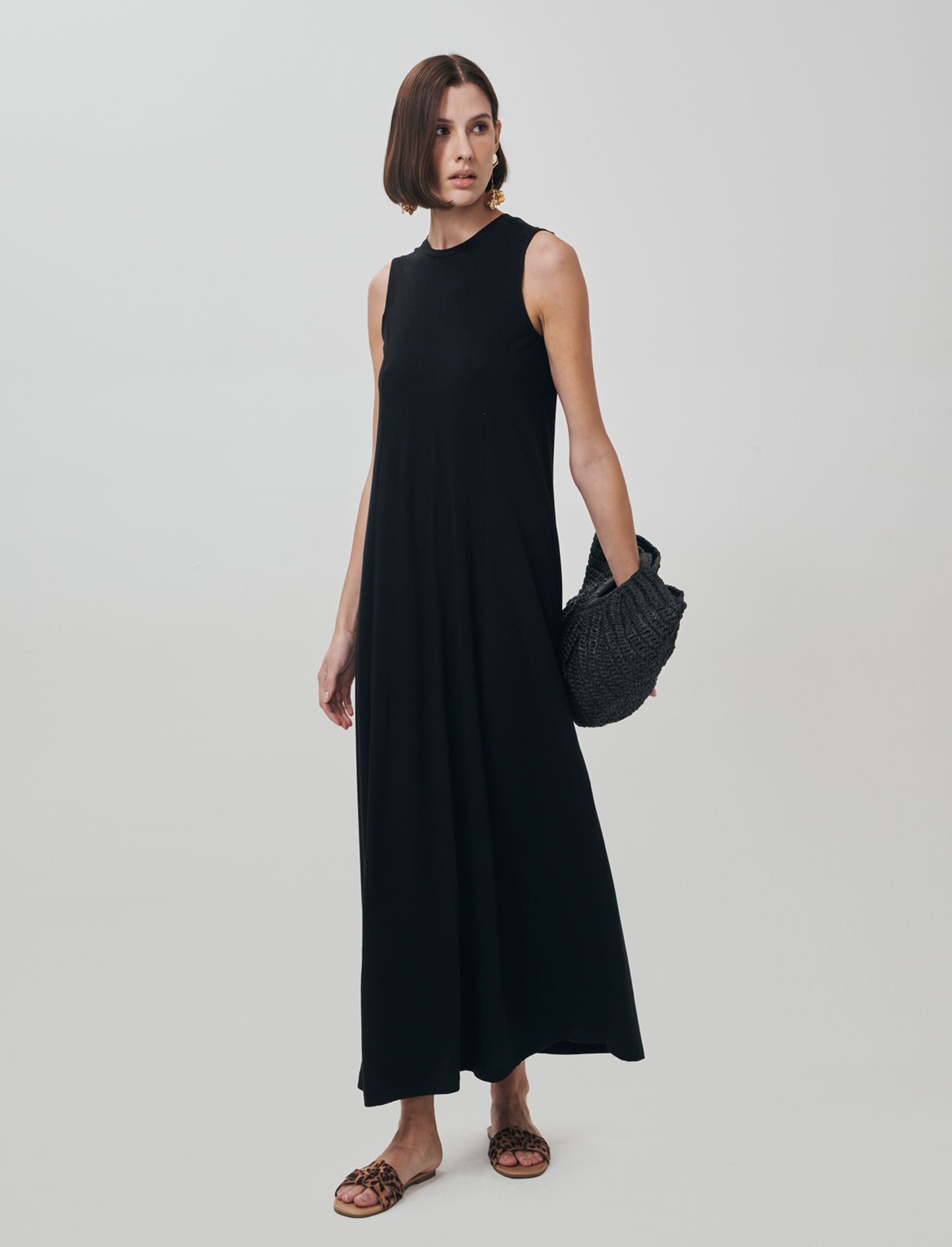 Vestito lungo in cotone svasato senza maniche - Nero