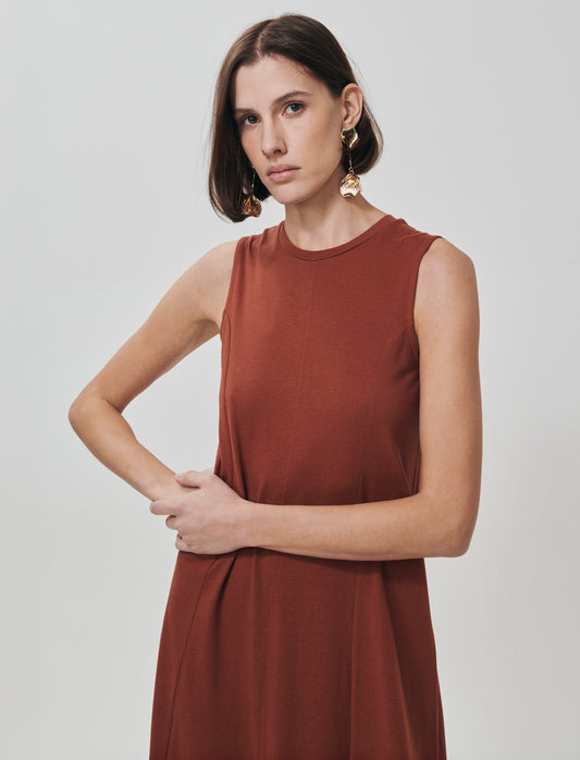 Vestito lungo in cotone svasato senza maniche - Cognac