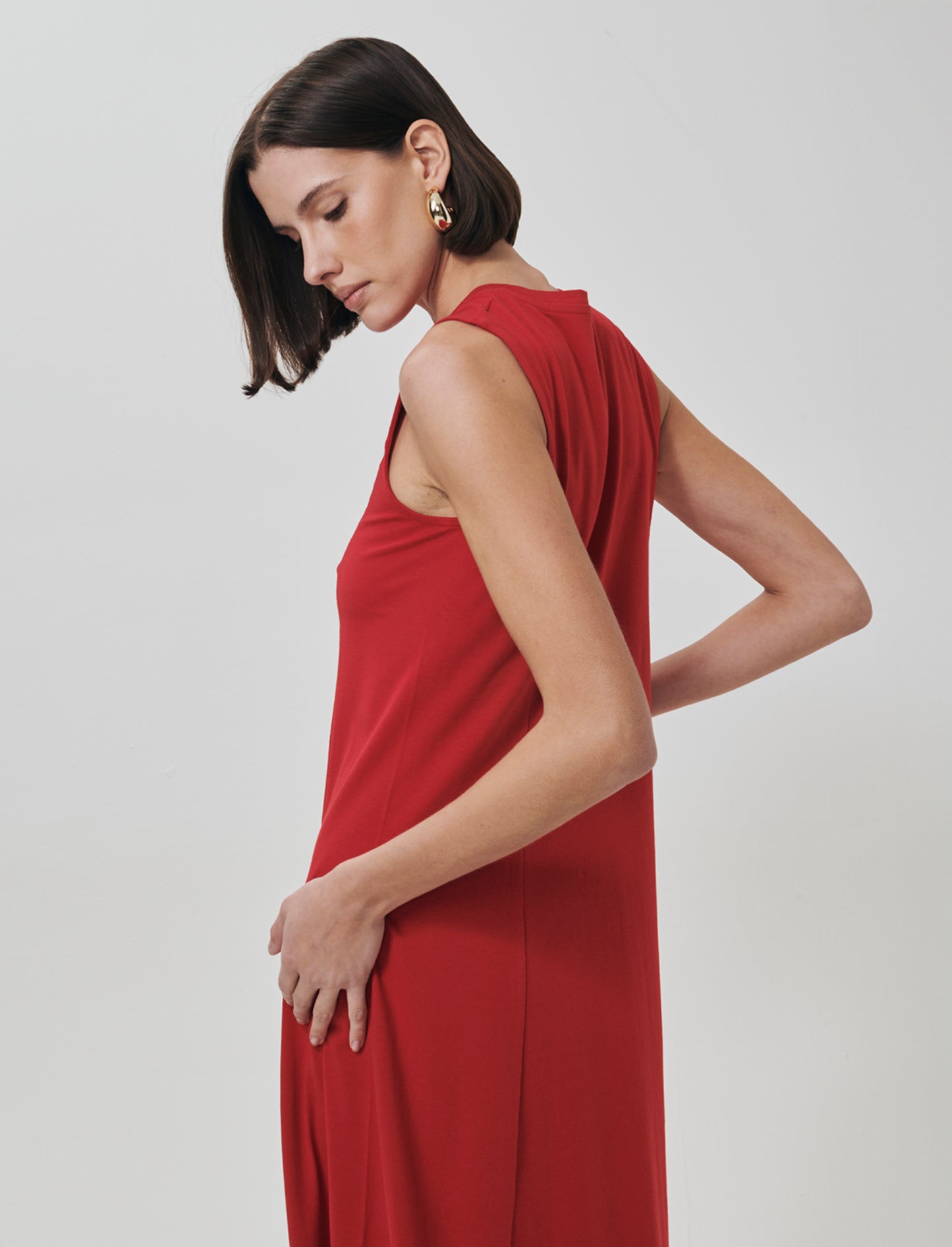 Vestito lungo in cotone svasato senza maniche - Rosso
