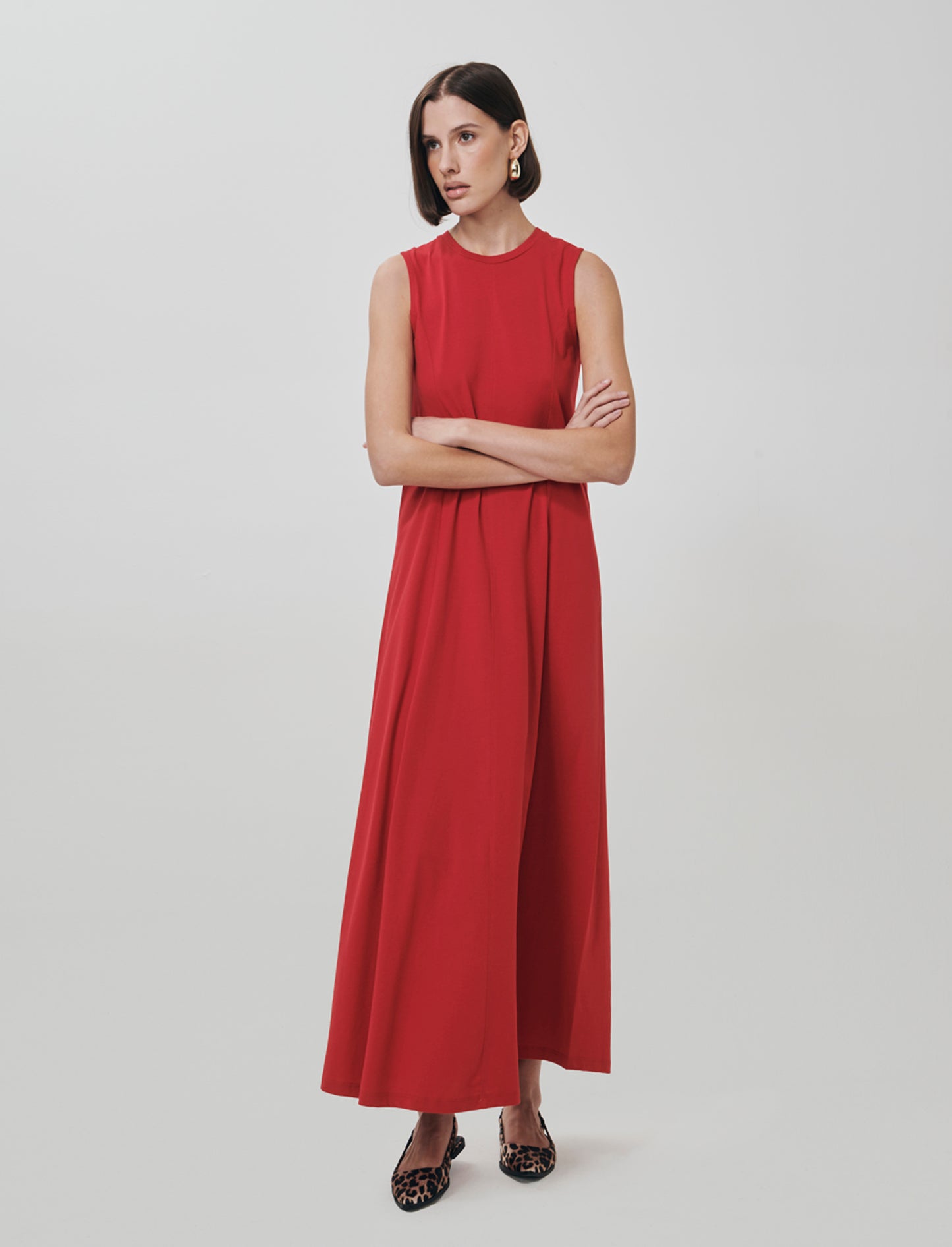 Vestito lungo in cotone svasato senza maniche - Rosso