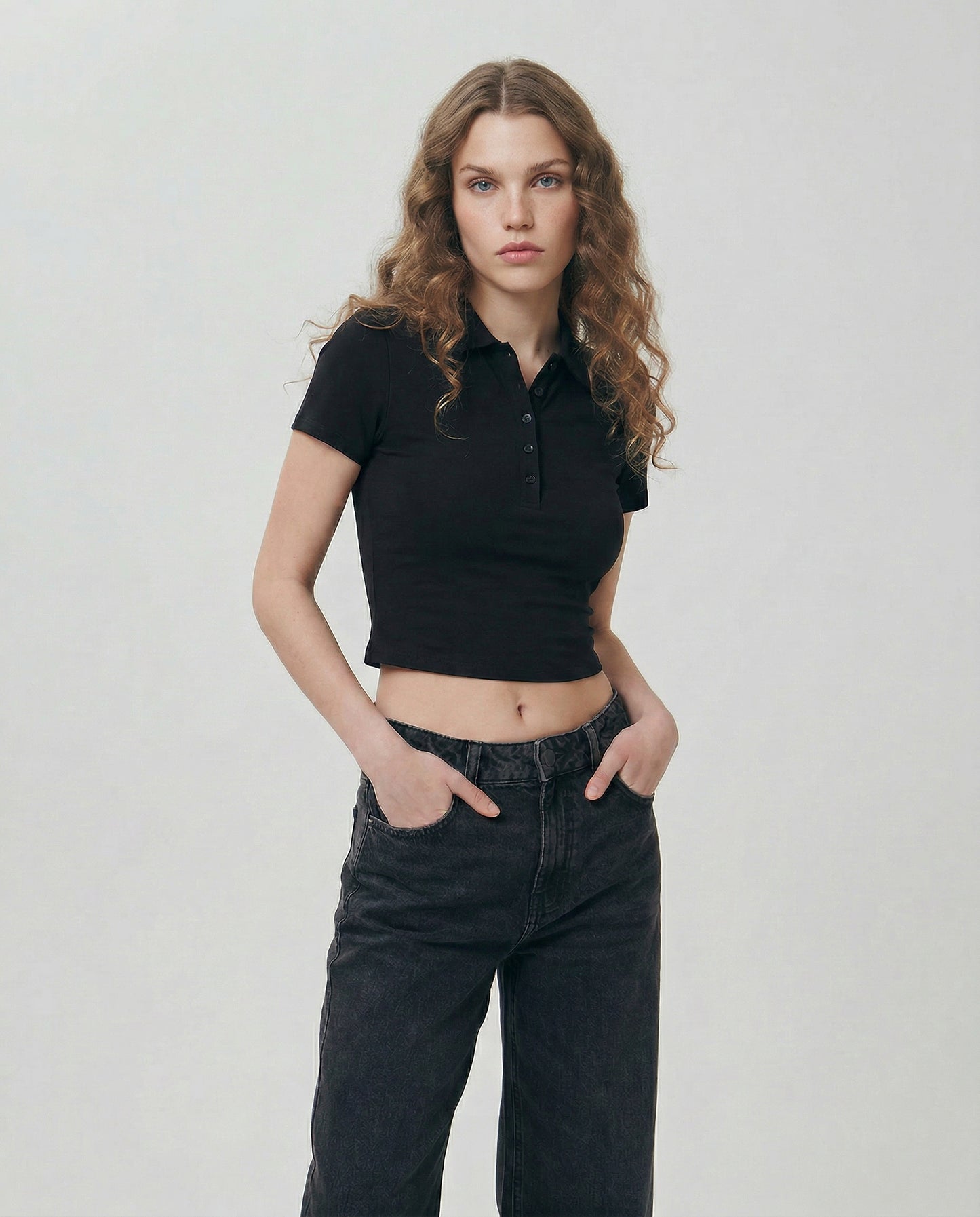 Polo a Coste Crop Mezza Manica - Nero