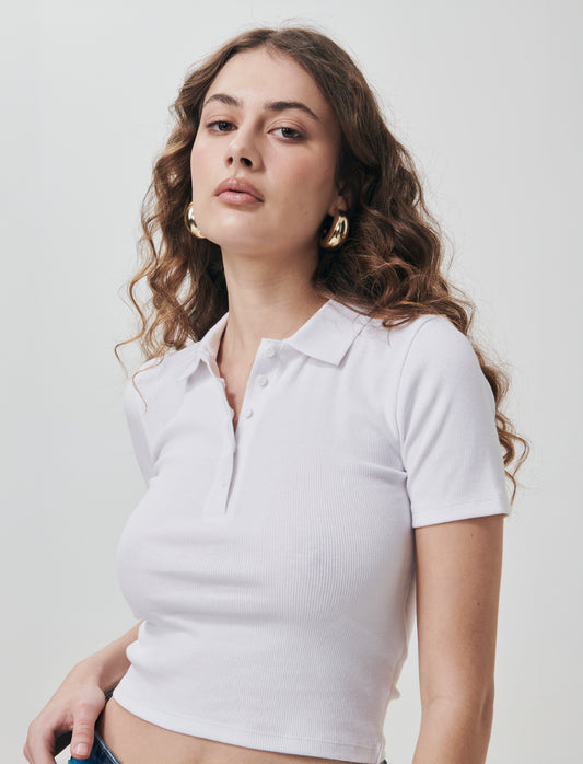 Polo a Coste Crop Mezza Manica - Bianco