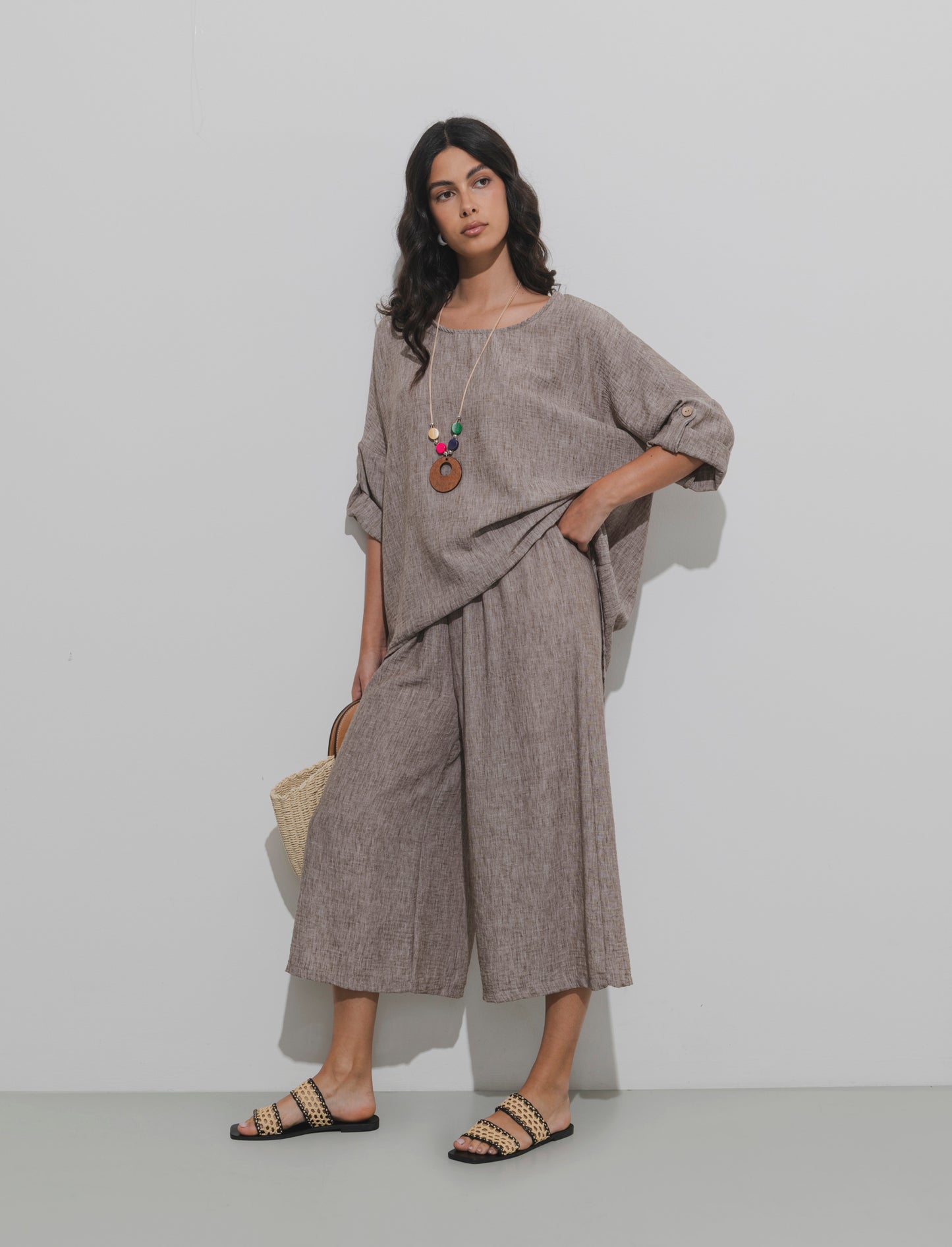 Pantalone largo con cintura - Marrone tabacco