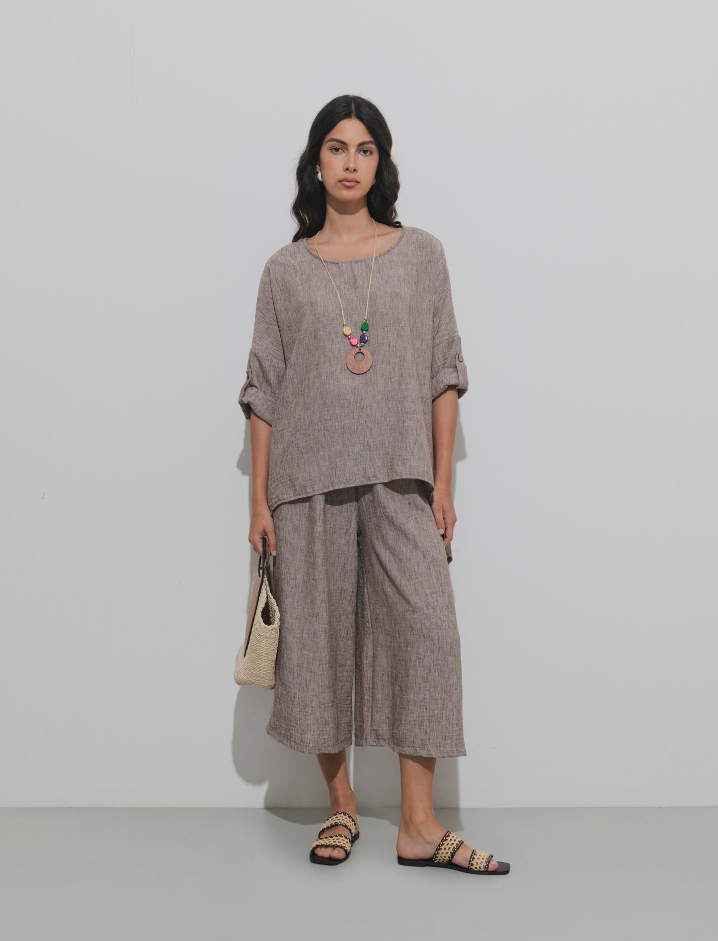 Pantalone largo con cintura - Marrone tabacco